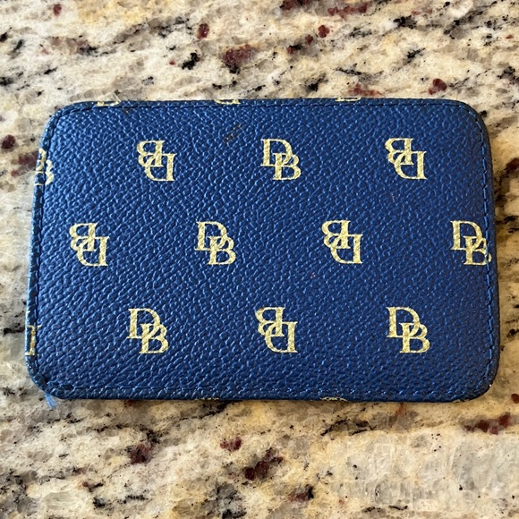 Dooney & Bourke DB Monogram Blue Leather ID Holder Card Case Yellow Monogram - Picture 2 of 4